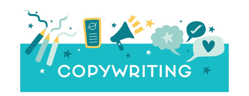 'Copywriting' illustrated with pencils, a speaker and thought bubbles